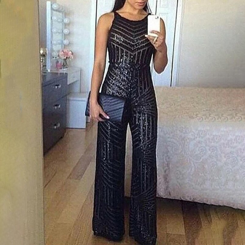 Sequined Jumpsuit Elegant Casual Workwear Party Romper Overalls Female Sleeveless Zipper Pocket Design Jumpsuits Women Fashion