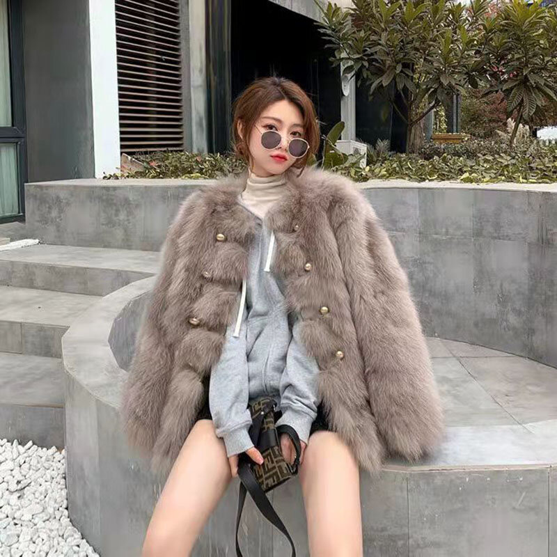 Новинка 2022, осенне-зимняя куртка из искусственного лисьего меха, Женское пальто, средней длины, корейское свободное теплое меховое пальто, женская верхняя одежда, жареная уличная одежда