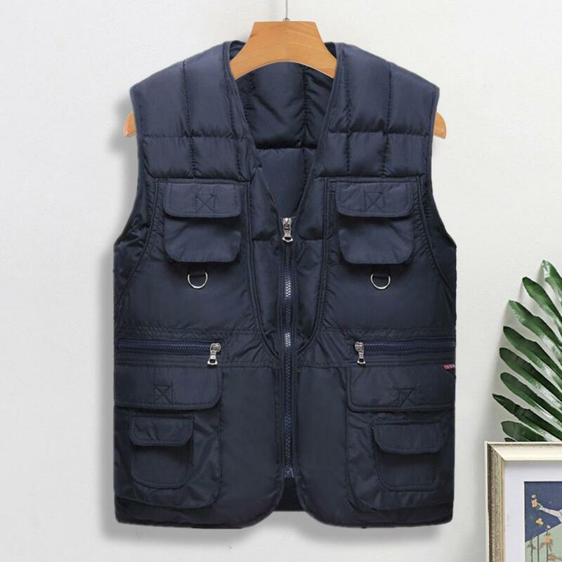 Chaleco de carga con múltiples bolsillos para hombre, chaqueta gruesa sin mangas con cierre de cremallera, abrigo de invierno, otoño