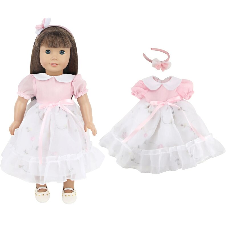 เดรสตุ๊กตาผูกโบว์สีชมพูขนาดใหญ่สำหรับตุ๊กตาเด็กแรกเกิด43ซม. กระโปรงหรูหราน่ารักสำหรับ18นิ้วตุ๊กตาเด็กผู้หญิงอเมริกัน & OG