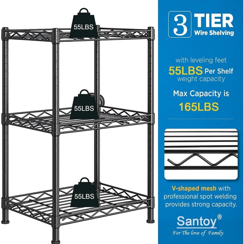 Santoy 3 Tier Storage Shelves Adjustable,Rack Metal Shelf Unit for Kitchen, Bathroom, Pantry, Closet, and Bedroom - Strong Steel