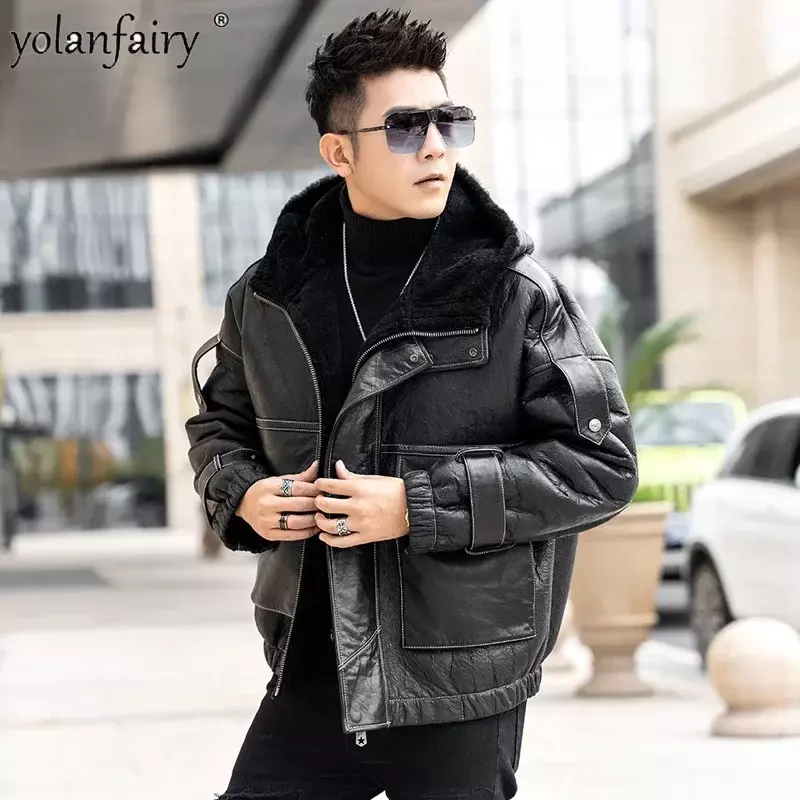 Original Natural Fur Coat Men's Leather Jacket Short Hooded Fur Jackets for Men Winter New Loose Real Fur Clothes Male Clothing