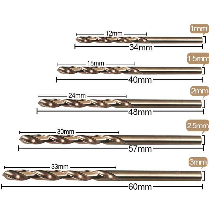 Спиральное сверло из быстрорежущей стали M35 с кобальтовым покрытием, 1 мм, 1,5 мм, 2 мм, 2,5 мм, 3 мм, для работ по дереву, металлу, с прямым хвостовиком, 10 шт.