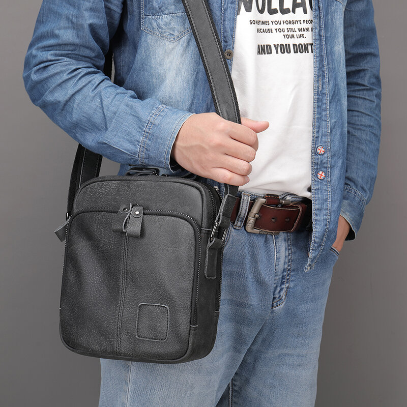 WESTAL 100% tas kulit asli tas bahu pria tas kurir selempang hitam dengan tempat kartu tas desainer pesta pria 6019