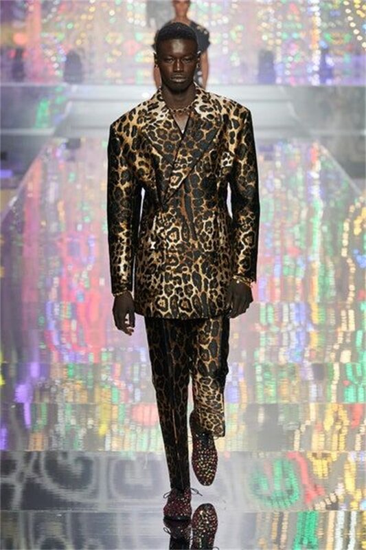 Leopard Men Suits Set Custom Made Jacket 2 Piece Blazer+Pants Luxury Fashion Catwalk Groom Wedding Tuxedo Prom Coat