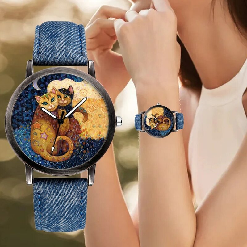 女性と女の子のための高級時計,猫のダイヤル,革,クォーツ時計,新しいコレクション2022