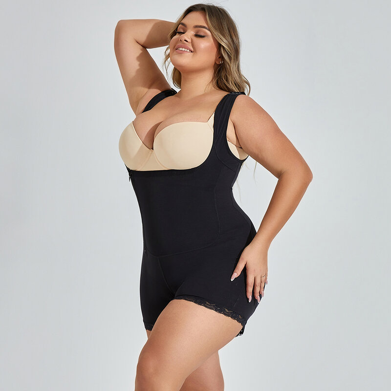 Plus Size Black and Beige Zipper Buckle Tummy Tightening And Butt Lifting Shapewear