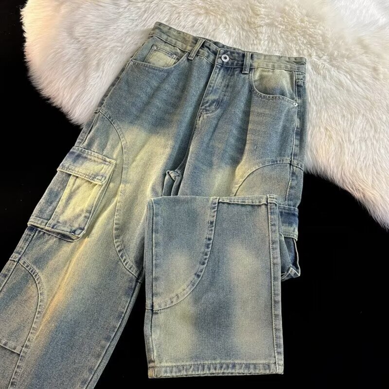 2024 wiosna/lato nowa moda Harajuku Retro główna ulica spodnie hip-hopowe proste rurki luźne spodnie męskie luźne dżinsy na co dzień