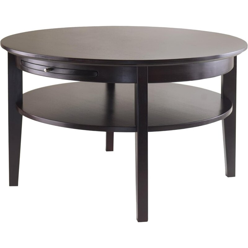 Wooden Amelia Round Coffee Table with Pull Out Tray, Vanity Table for Makeup End of Tables, Dark Espresso Furniture, 18 in