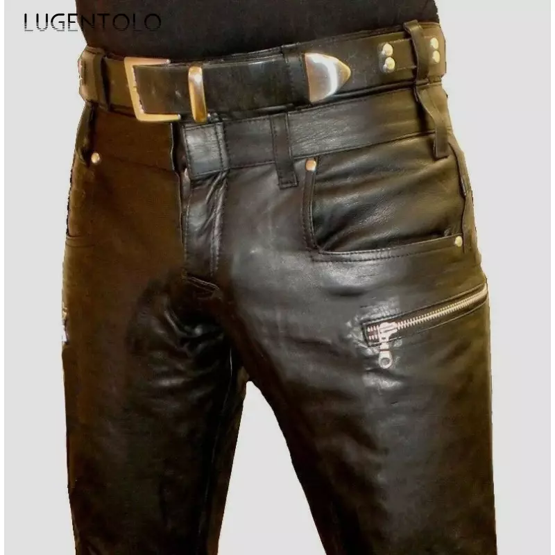 Celana panjang kasual ritsleting kulit imitasi pria, celana panjang PU hitam ukuran besar pinggang sedang lurus jalan