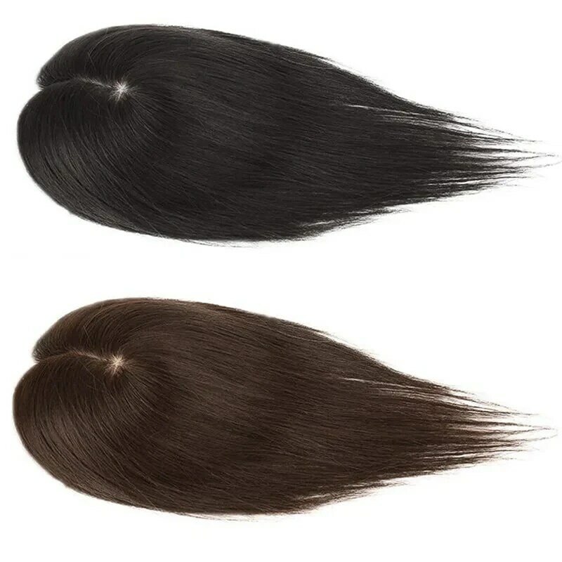 Peluca de cabello humano liso para mujer, Base superior de seda transpirable con Clip de flequillo, 100% Real, Natural, 12x13cm