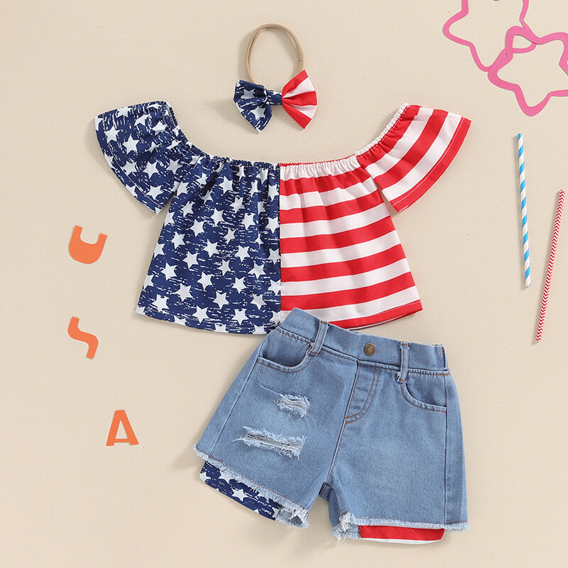 Suefunskry Kids Girls Summer Outfit, Off-shoulder T-shirt Tops with Patchwork Pipped Denim Shorts Headband 4th of July Clothing