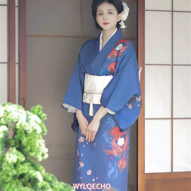 일본 전통 기모노 가운 오비 프린트 플라워 에어리 드레스, 코스튬 여성 게이샤 하오리 유카타 기모노 가운 세트