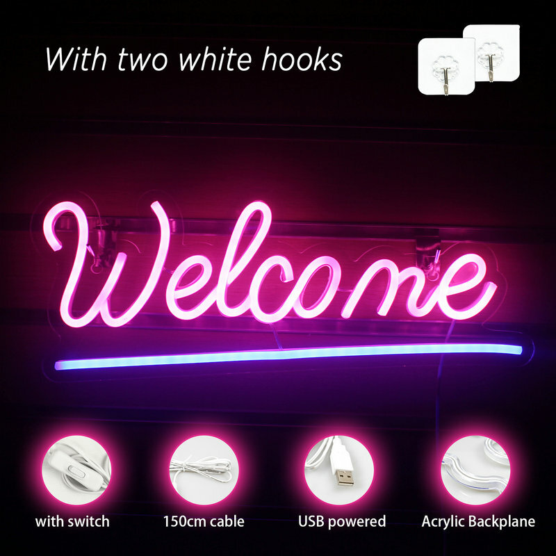 Welcome Neon Sign LED Room Wall Decor USB Powered Acrylic Hanging With Switch For Storefront Window Glass Shop Bar Salon Cafe