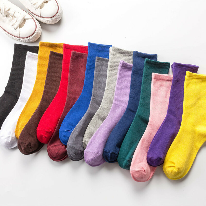 Chaussettes mi-tubes en coton pour hommes et femmes, 1 paire, confortable, sport, couleur pure et brillante, tendance, printemps et automne