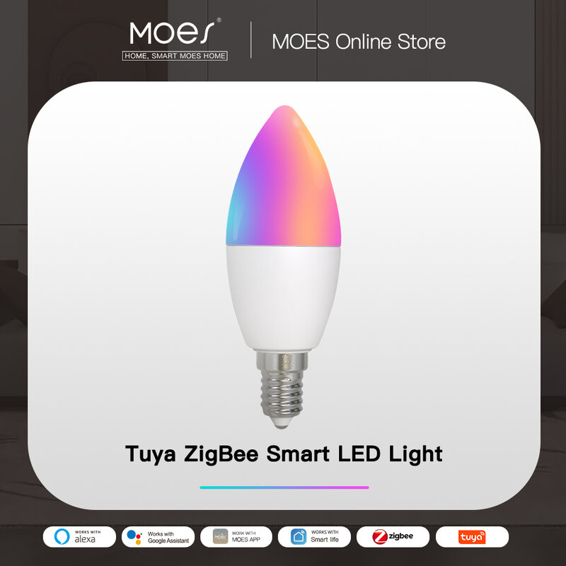 Moes Zigbee Led Gloeilamp E14 Kaarslamp Smart 5W Rgbct 2200-6500K Dimbaar Licht Tuya Alexa Google Voice Control