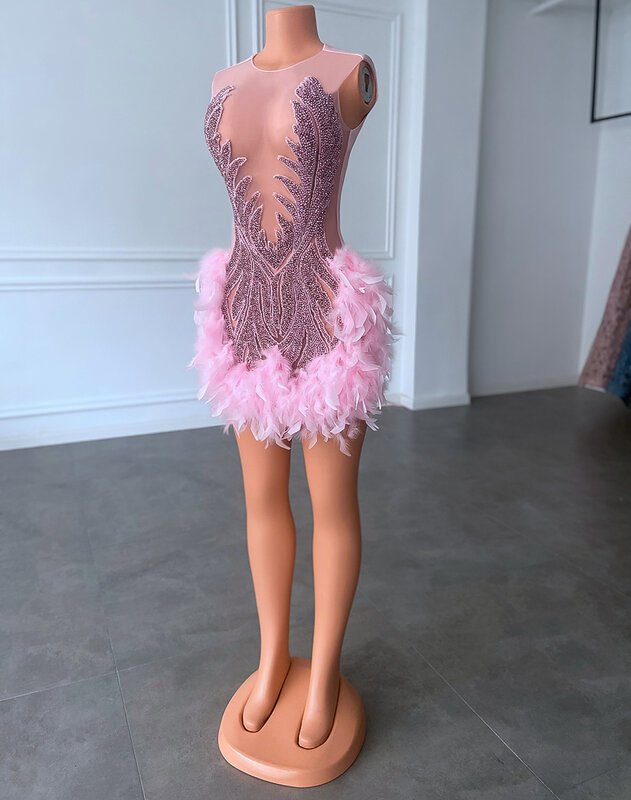 セクシーで透明なドレス,豪華な,きらめくピンクのビーズ,羽,ショート,誕生日パーティー用,2023