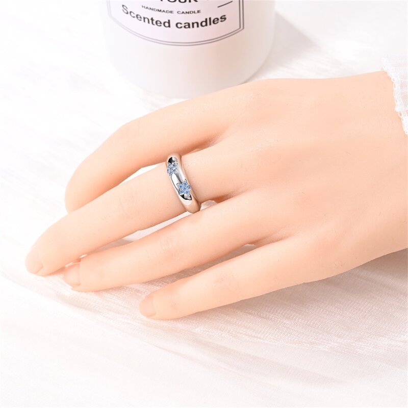 Cincin bintang biru perak Sterling 925 berkilau, cincin aksesori perhiasan kreatif melihat bintang untuk wanita