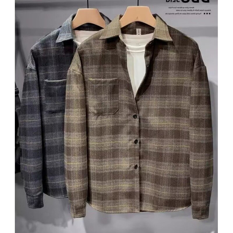 Y2k Mantel Oberbekleidung Plaid Shirt schicke lose männliche Kleidung einreihige Harajuku Jacken Hemden für Männer Kleidung koreanischen Stil