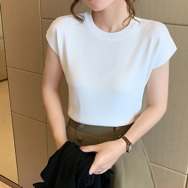 Yasuk-Jersey de cuello redondo informal para mujer, de manga corta Camiseta holgada, Top Simple de suave punto de alta elasticidad, moda de verano