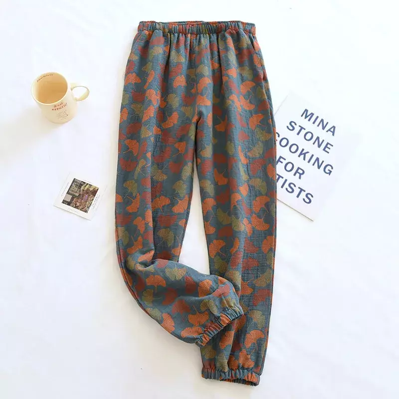 2024 New Spring Summer Women's Pajamas 100% Cotton Crepe Pants Women's Comfortable Loose Large Leaf Home Pants Thin bottoms