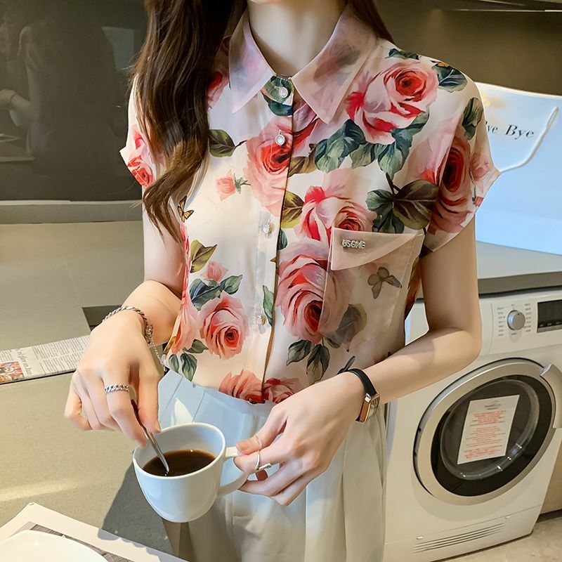 Chemises florales en mousseline de soie épissée à revers imprimé vintage pour femmes, chemisiers de bureau pour femmes, vêtements d'été coréens, nouveau, 2024