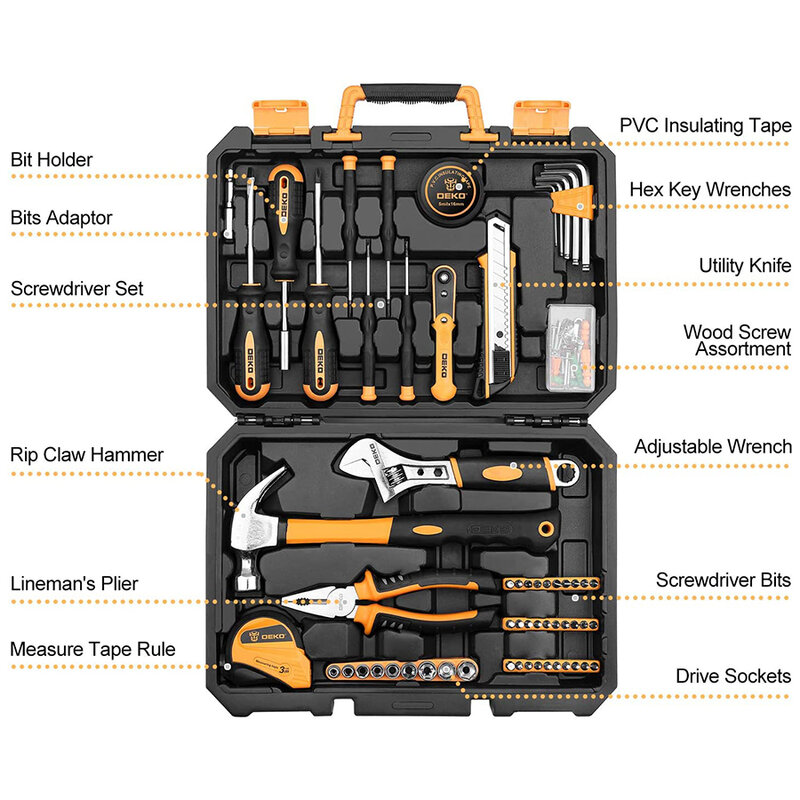 DEKO-Juego de herramientas de mano de reparación General para el hogar, Set con caja de herramientas, llave de vaso, destornillador, cuchillo para carpintería, EDC, 100 piezas/113 piezas
