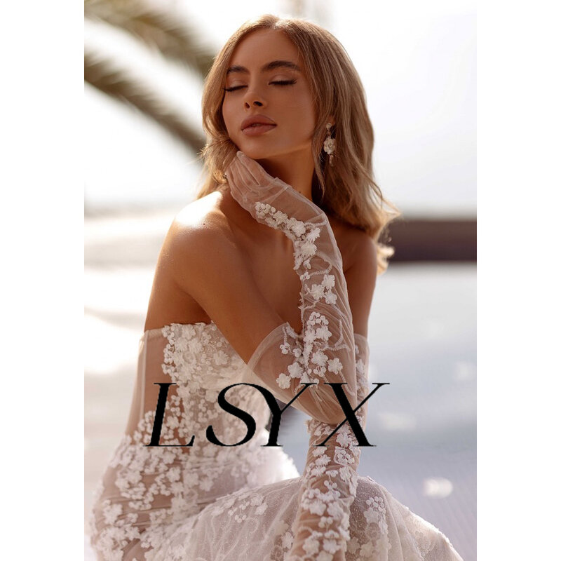 Lsyx Applikationen träger lose Illusion Blumen Tüll Meerjungfrau Brautkleid elegante offene Rücken boden lange Brautkleid nach Maß