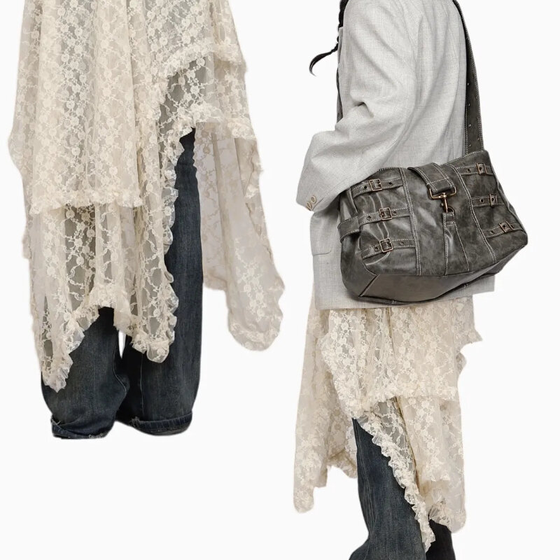 Deeptown-faldas largas de encaje Vintage para mujer, vestido Irregular de vacaciones Y2k, Midi de tul bohemio, transparente, cintura alta, elegante y suelto