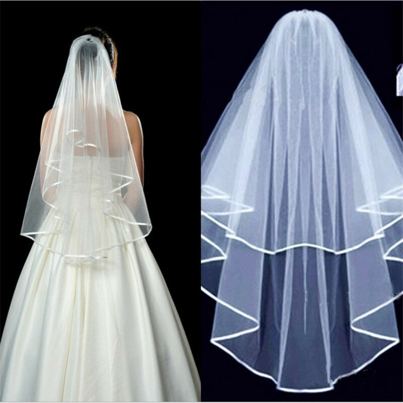 ภาพจริงผ้าคลุมหน้าเจ้าสาวสั้นสองชั้นพร้อมหวีสีขาวงาช้างผ้าคลุมหน้าเจ้าสาวสำหรับเครื่องประดับแต่งงาน