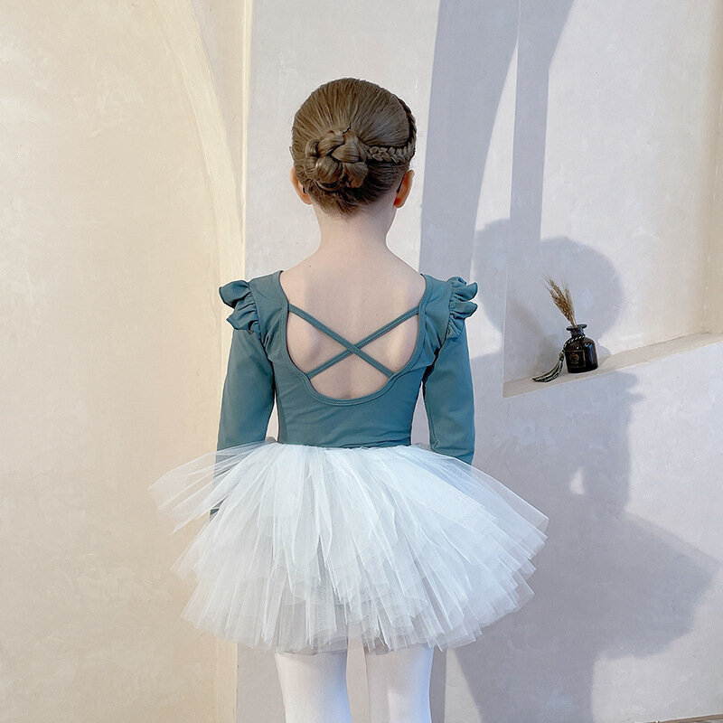 Dzieci profesjonalna trykot baletowy dziewczyna baletowa spódniczka Tutu sukienka gimnastyka body marszczony rękaw balet treningowy kostium spódnice z gazy