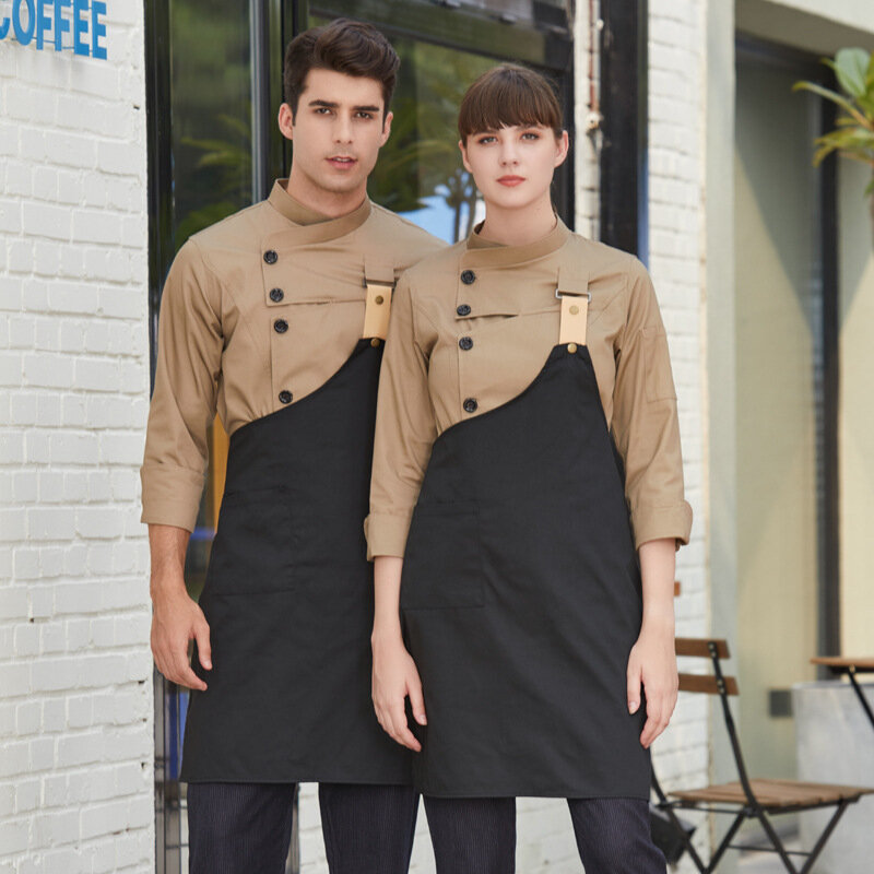 Chaqueta de cocina Unisex, uniforme de chef de restaurante, ropa de trabajo, disfraz de cocinero, Camisa larga, delantal de uniforme de cocina para hombre y mujer