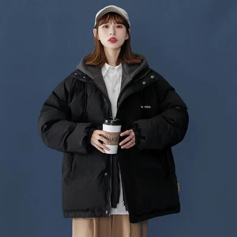 2023ใหม่2023ฤดูหนาวเสื้อโค้ทขนเป็ดหนาเสื้อแจ็คเก็ตตัวสั้นมีฮู้ดแบบหลวมสีพื้น MODE Korea ด้านนอกลำลอง
