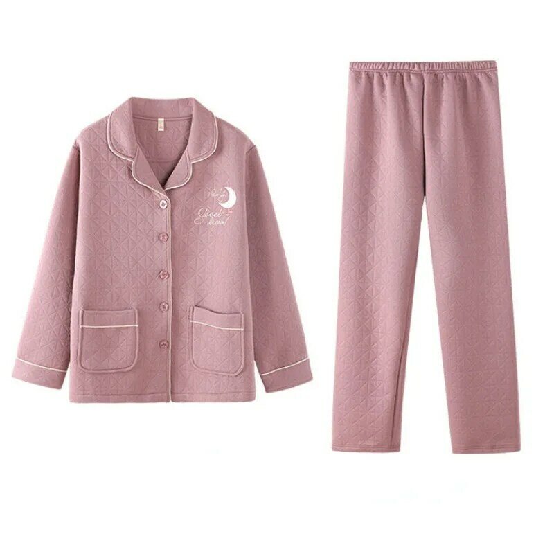 Conjunto de pijamas de algodón de tres capas para mujer, ropa de dormir informal de manga larga, gruesa, cálida, otoño e invierno, 2024