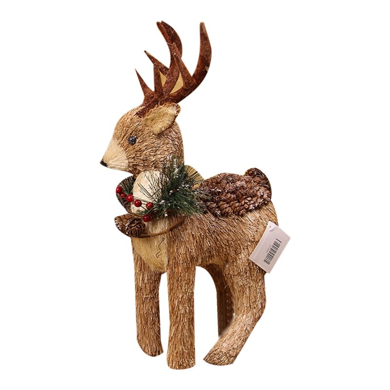 Handmade Straw Lower for Head Elk Ornament Handicrafts Standing Sika Deer for Doll Animal Figurines Christmas Holiday Party