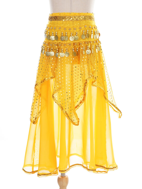 Kids Girls Tassel Sequins Dots Belly Dance Skirt with Beads Hip Scarf Halloween Theme Party Stage Performance Costumes Dancewear