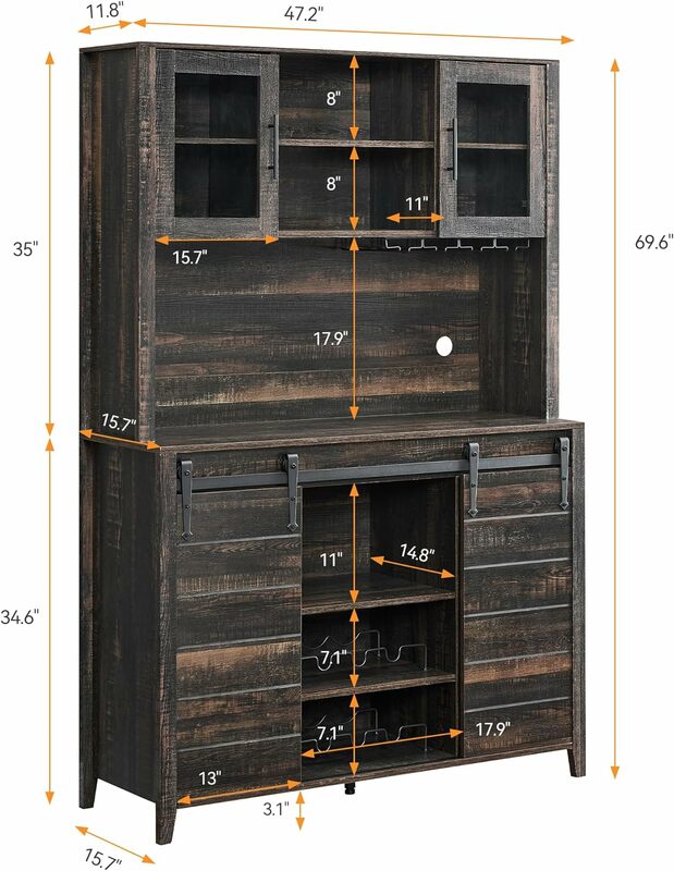 Rustic Farmhouse Sliding Barn Door Kitchen Cabinet Hutch Storage Wine Rack Sideboard Adjustable Shelves Glass Doors 15.7"D x