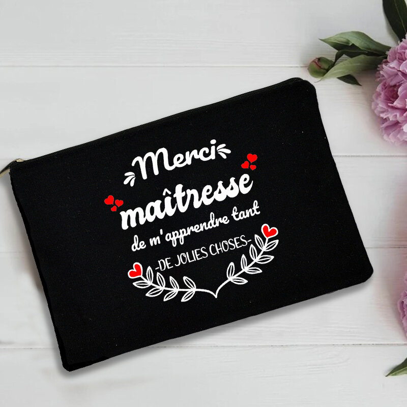 French Print Thank You Mistress Black Wristlet Clutch Bag Merci Maîtresse Teacher's Storage Bag Travel Wash Pouch Teacher Gifts