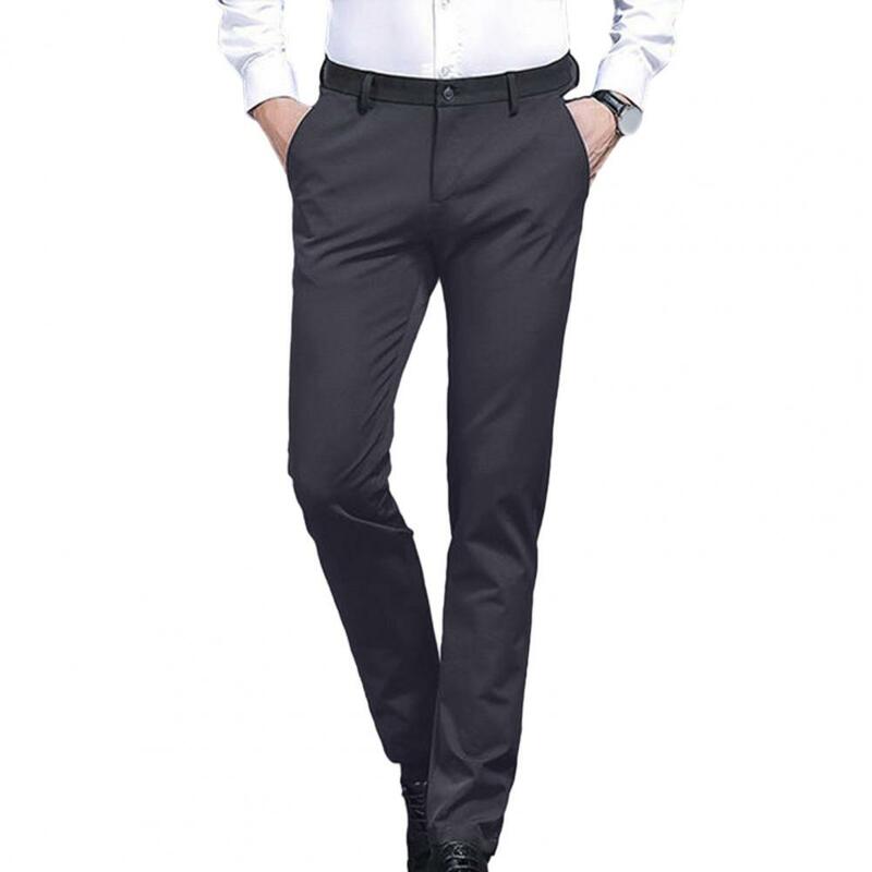 Men Suit Pants Straight Slim Fit Anti-wrinkle Solid Color High Waist Pockets Stretchy Soft Breathable Smooth Thin Business Pants