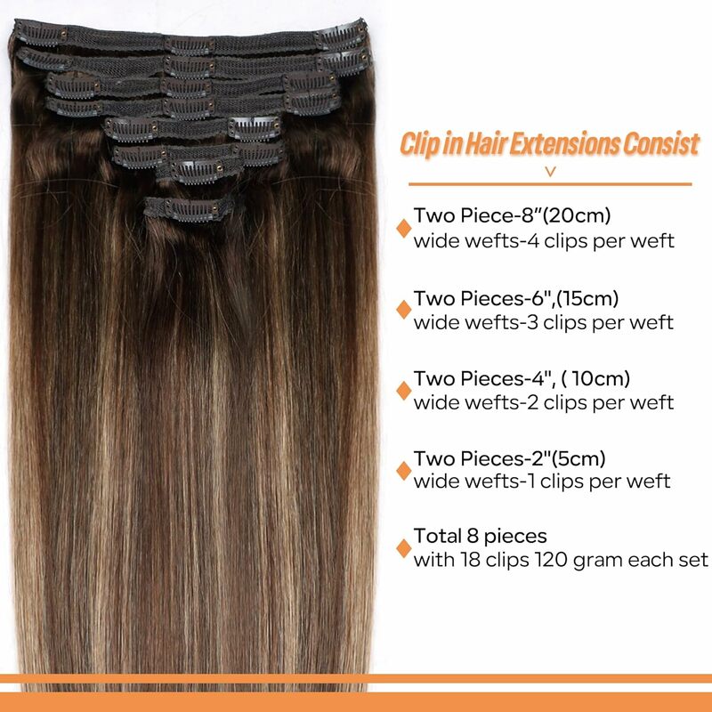 Clipe reto na extensão do cabelo para mulheres, cabelo humano, ins, sem costura, trama dupla, cor P4, 27T4, 8pcs set