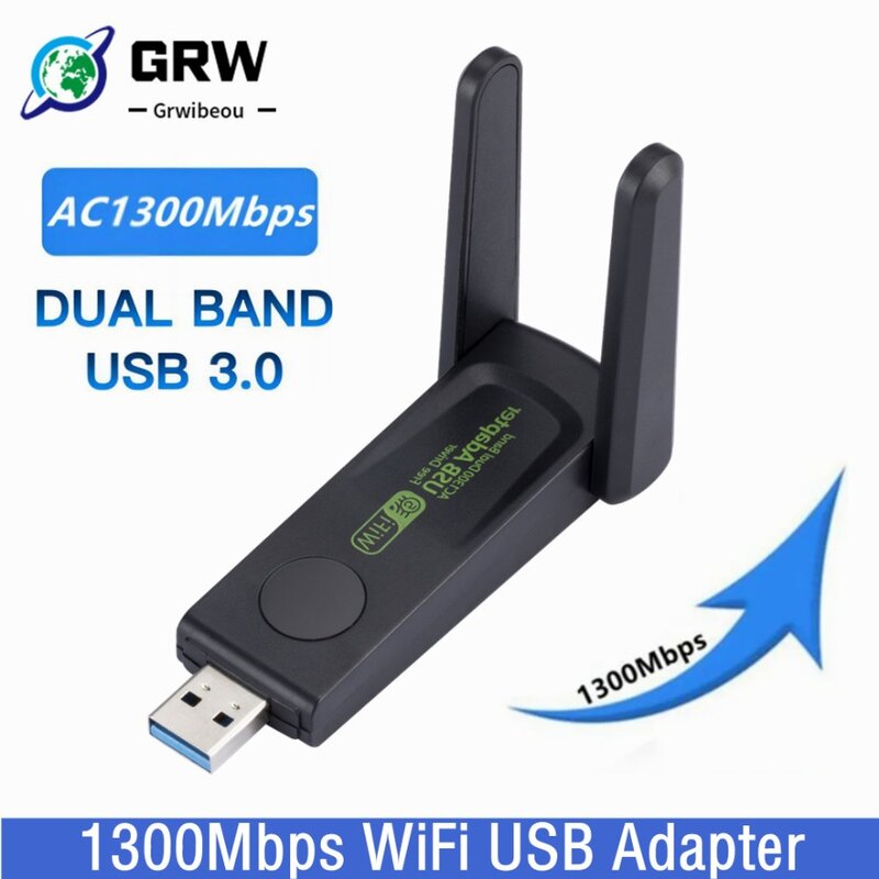 Adaptador USB de banda dupla, 1300Mbps, 2.4G, 5Ghz, Dongle WiFi, 802.11AC, poderosa antena, receptor sem fio para PC, driver portátil, livre