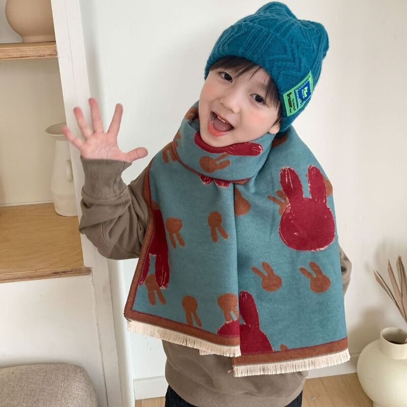 Теплый шарф, детский кашемировый шарф, модный утепленный детский шарф в стиле пэчворк с цветным принтом кролика, подогреватель для шеи
