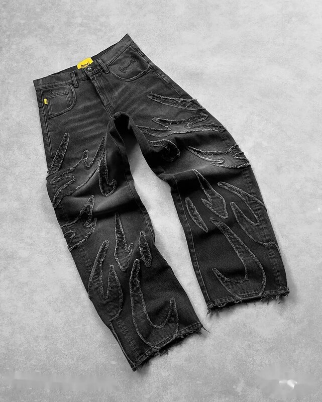 Vintage Y2k Retro hitam longgar Jeans untuk pria Hip Hop Punk Raw Edge bordir Jeans pola Patchwork celana Denim pinggang tinggi