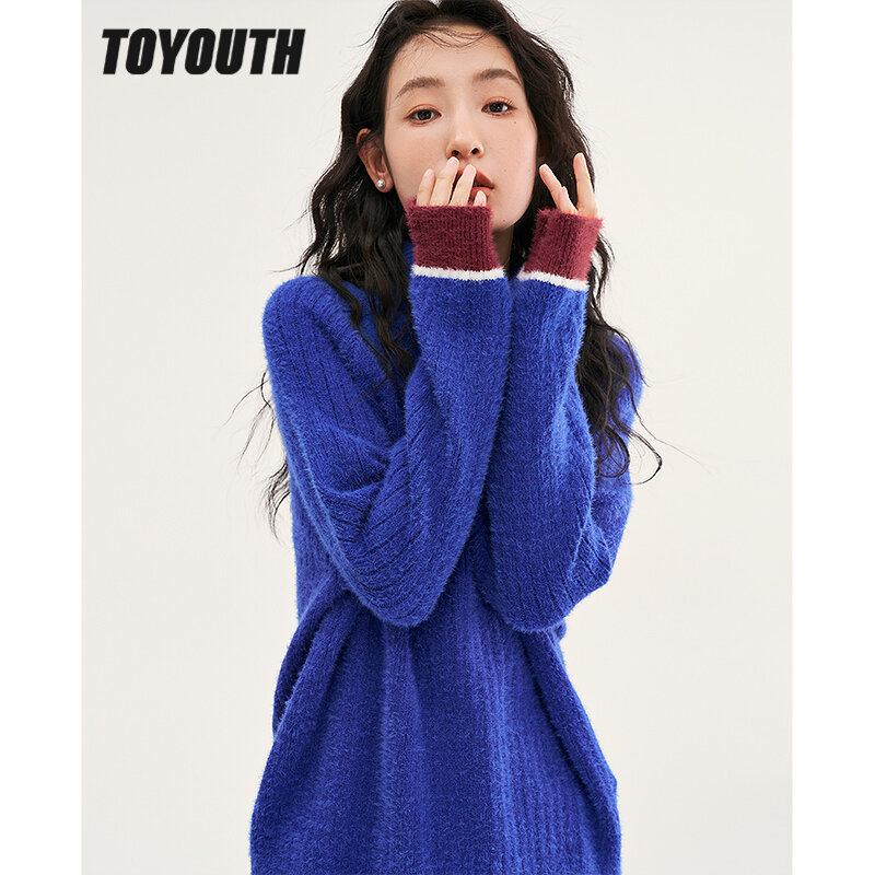 Toyouth Women Sweater 2022 Winter Long Sleeve High Collar Loose Knitted Pullover Vintage Red Cuffs Warm Casual Chic Tops