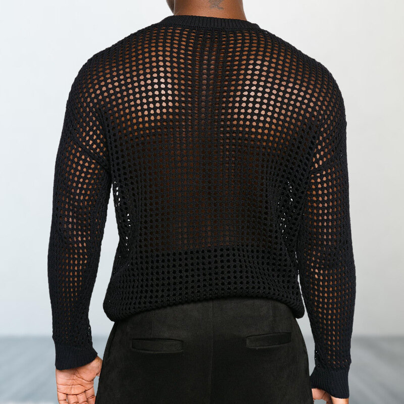 Сексуальная мужская Трикотажная Одежда с вырезами, тонкий пуловер, свитер, сексуальный сетчатый мужской вязаный свитер, модная индивидуальная мужская одежда