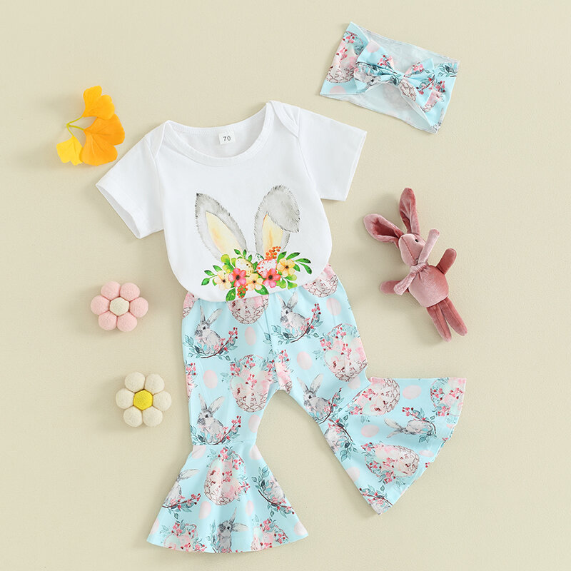 Baby Girl wielkanocny strój napis Bunny Print pajacyk dziecięcy z krótkim rękawem rozkloszowane spodnie dzwon opaska na głowę letnie ubrania