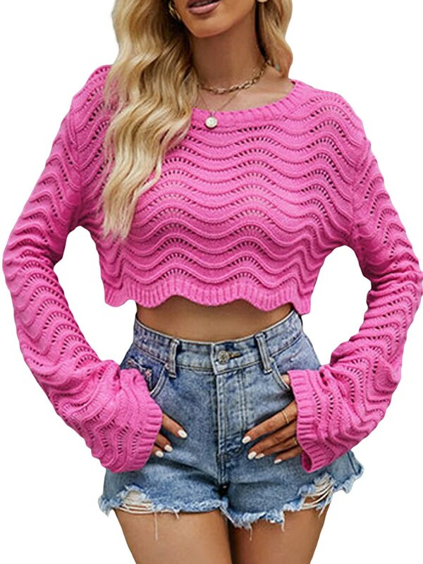 Women s Cozy Knit Sweater Loose Fit Solid Color Long Sleeve Crewneck Pullover