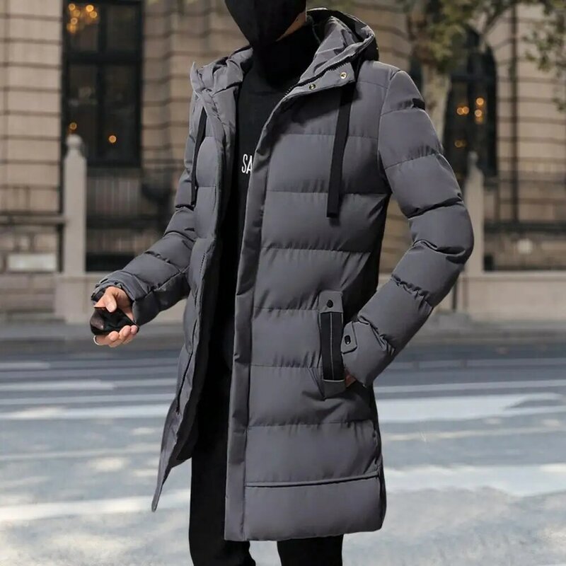 Autumn/Winter Men's Jacket Cotton Clothes Hooded Long Sleeve Drawstring Mid-Length Trench Coat Parka Parka Men's Long Trench Coa