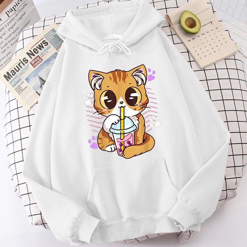 Cute Cat Drinking Milk Tea Clothes Tops Harajuku Hoodie Streetwear Funny Cartoon Kawaii Boba Pullovers Women Girls Sweatshirts