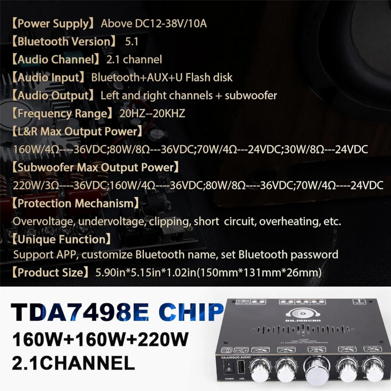 Dajunguo S220hs Bluetooth Eindversterkerbord, 2.1 Kanaal Tda7498e 160 Wx2 + 220W, 12V-38V Audio Eindversterkermodule